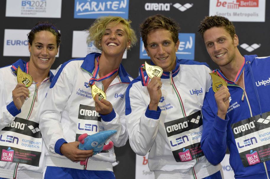 L&#39;ultimo oro di giornata  della 4x100 uomini-donne: Erica Ferraioli, Giada Galizi, Luca Leonardi e Luca Dotto vincono con il primato europeo. LaPresse